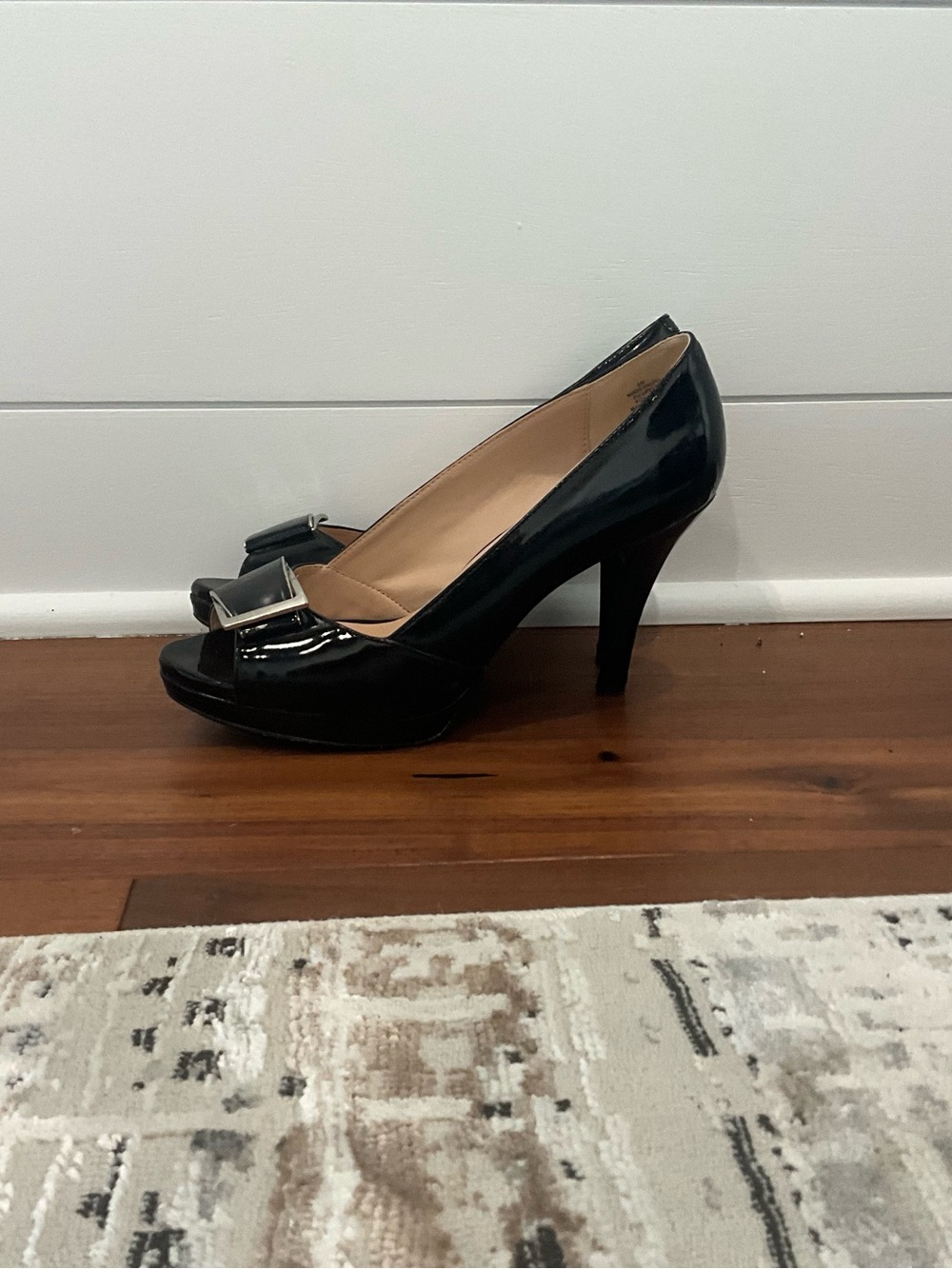 Nine West Black Patent Peep-Toe Heels with Silver Buckle